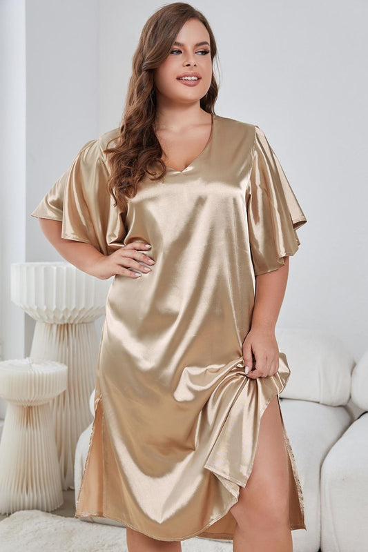 H2J Plus Size Flutter Sleeve V-Neck Side Slit Night Gown