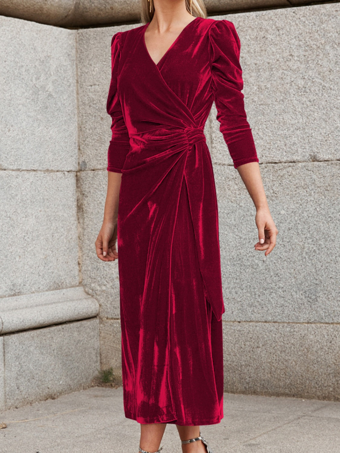 MDML Surplice Puff Sleeve Midi Velvet Dress