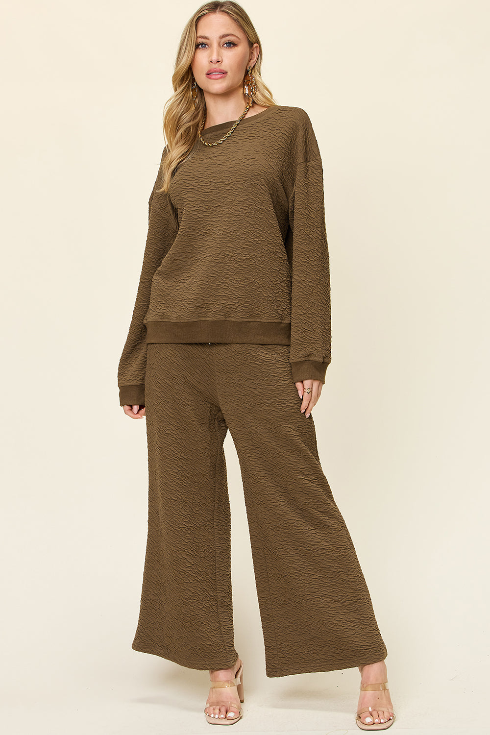 DOUBLE TAKE Full Size Texture Long Sleeve Top and Pants Lounge Set