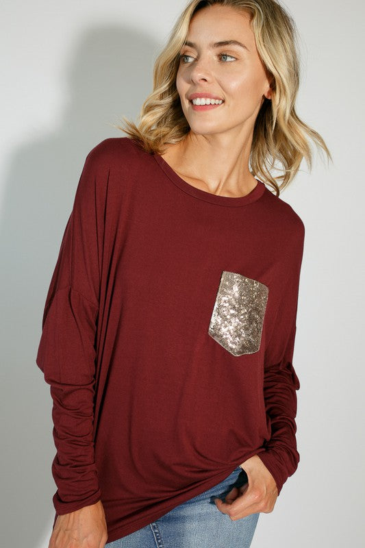 E LUNA Dolman Long Sleeves Top with Sequined Pocket