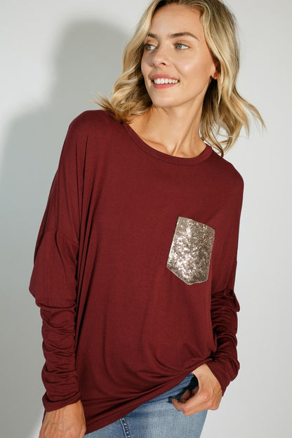 E LUNA Dolman Long Sleeves Top with Sequined Pocket