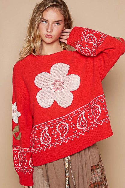 POL Red Flower Lace Patch Long Sleeve Sweater