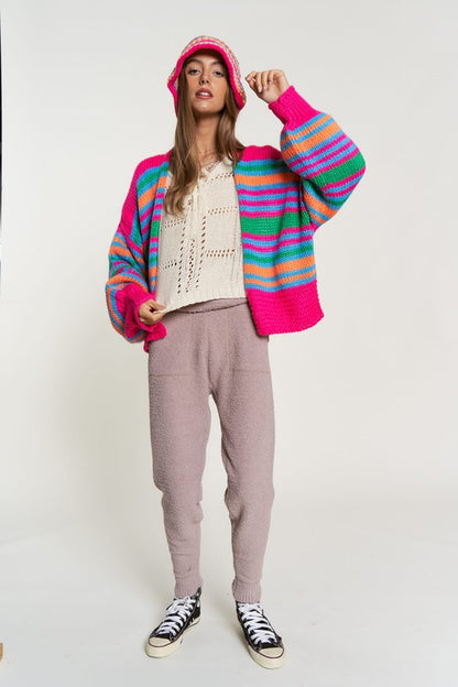 DAVI & DANI Chunky Knit Multi-Striped Open Sweater Cardigan