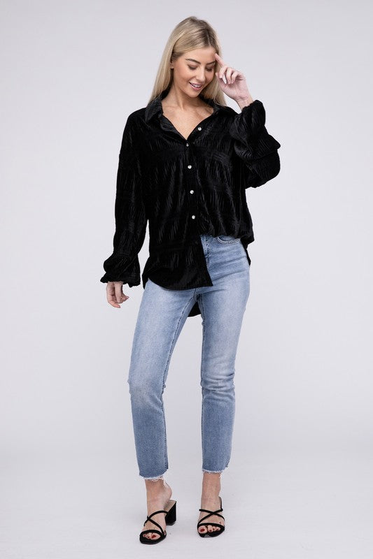 BiBi Wrinkle Effect Tiered Shirring Velvet Shirt