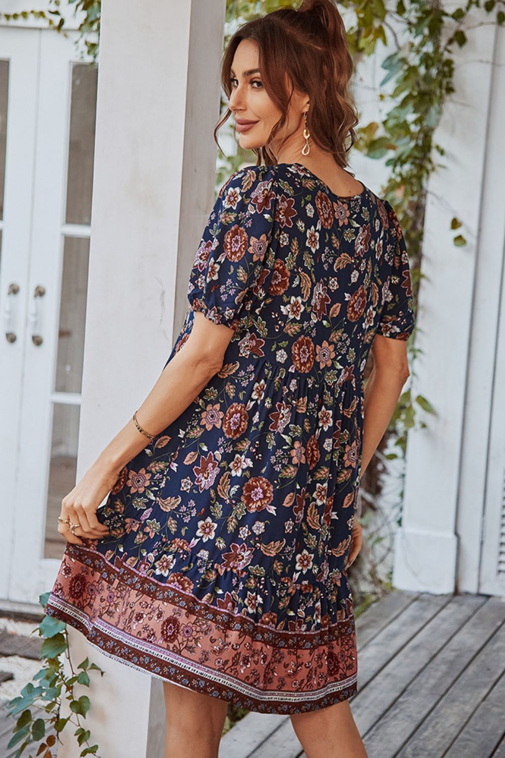 Casual Boho Floral Tie Neck Short Sleeve Mini Dress