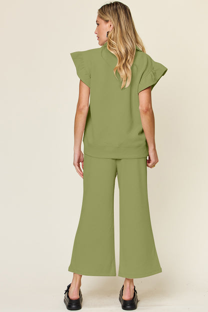 DOUBLE TAKE Texture Ruffle Short Sleeve Top and Drawstring Wide Leg Pants Set