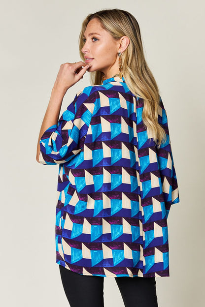 DOUBLE TAKE Full Size Geometric Notched Half Sleeve Blouse