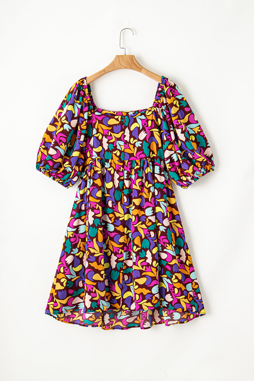 Purple Plus Size Printed Puff Sleeve Short Flare Dress