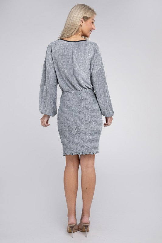 NUVI APPAREL Bishop Sleeve Metallic Dress