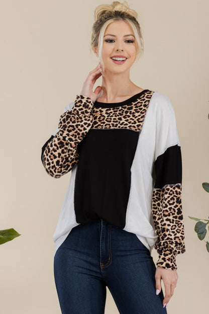 CELESTE Full Size Leopard Color Block Exposed Seam T-Shirt