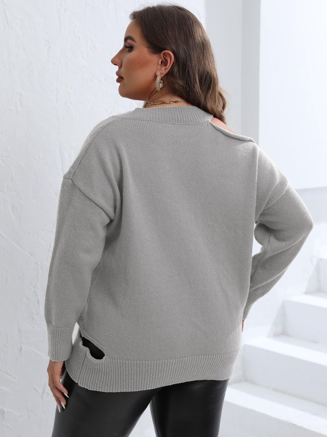 Plus Size Cutout V-Neck Knitted Sweater