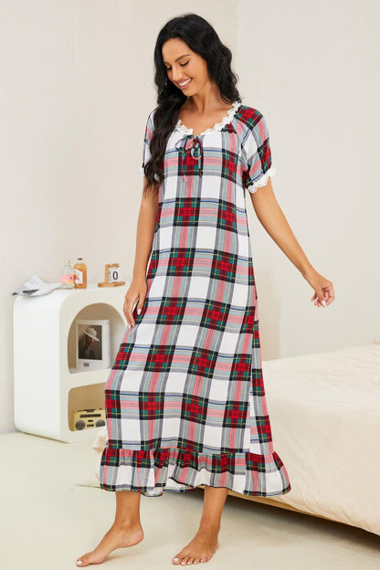 H2J Red Plaid Nightgown with Lace Trim Ruffle Hem