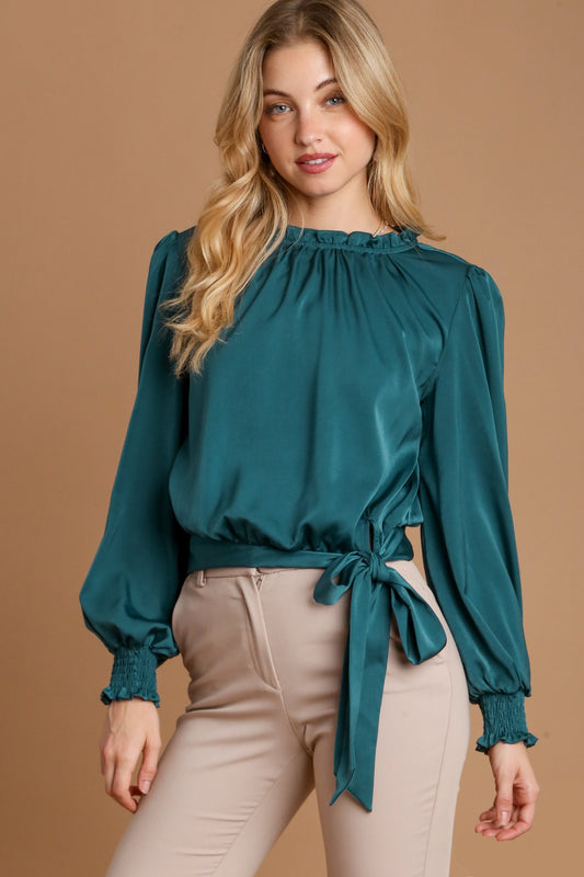 Umgee Women's Deep Teal Frill Tied Hem Long Sleeve Blouse