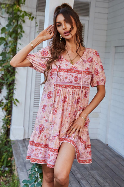 Casual Boho Floral Tie Neck Short Sleeve Mini Dress