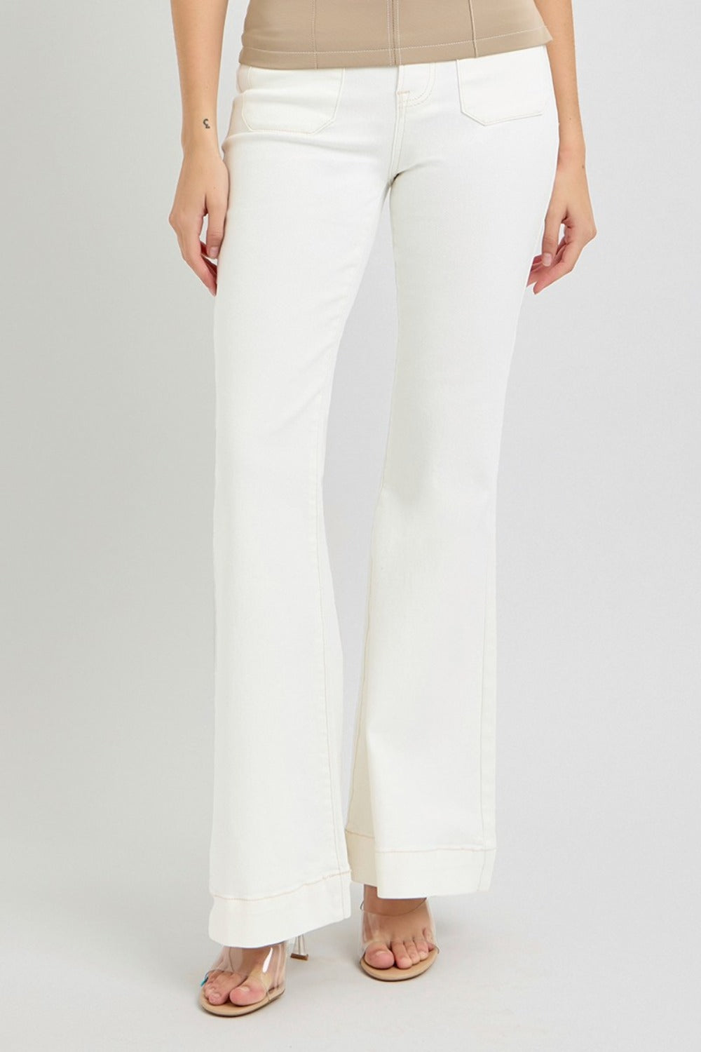 RISEN Cream Full Size High Rise Front Patch Pocket Flare Bell-ankle Jeans