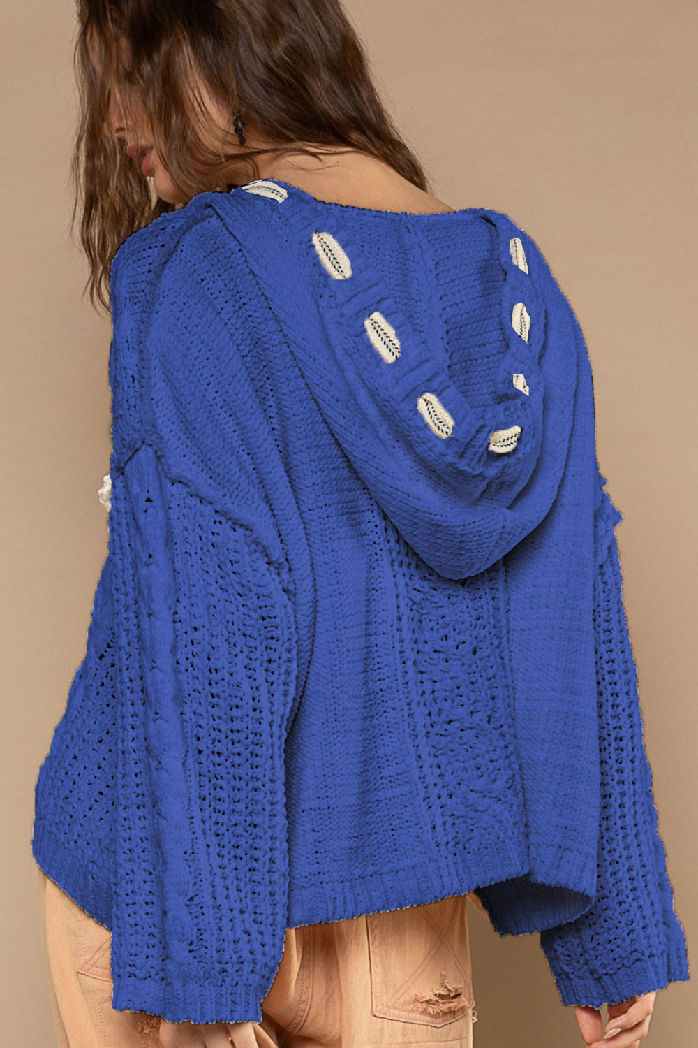 POL Blue Cable Knit Hooded Chenille Sweater