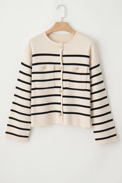 SYNZ Striped Button Up Round Neck Cardigan Sweater