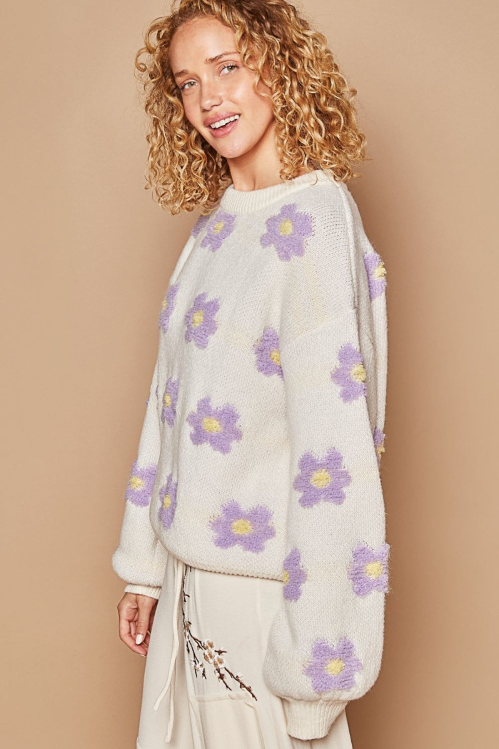 POL Cream Daisy Pattern Drop Shoulder Sweater