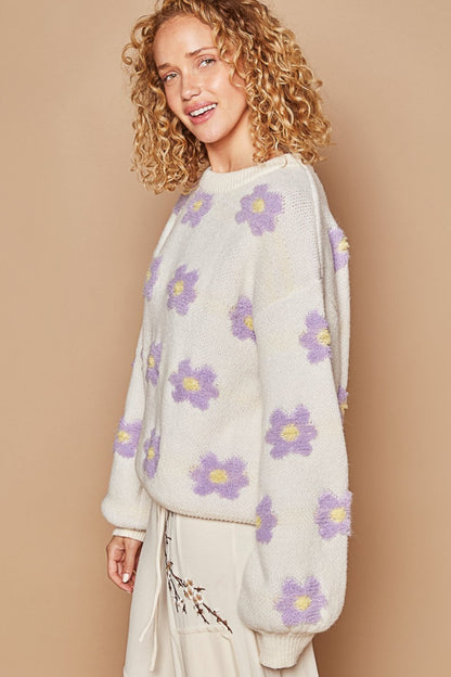 POL Cream Daisy Pattern Drop Shoulder Sweater