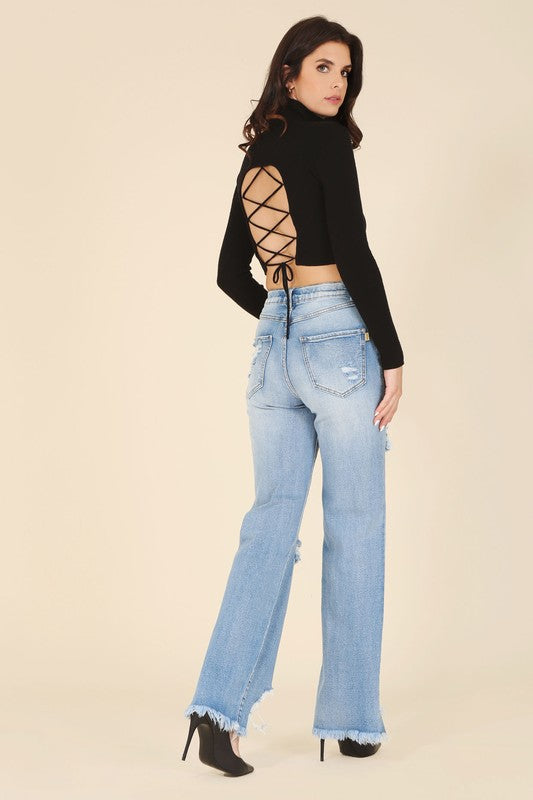 LILOU Black Long Sleeves Mock Neck Lace-up Open Back Top