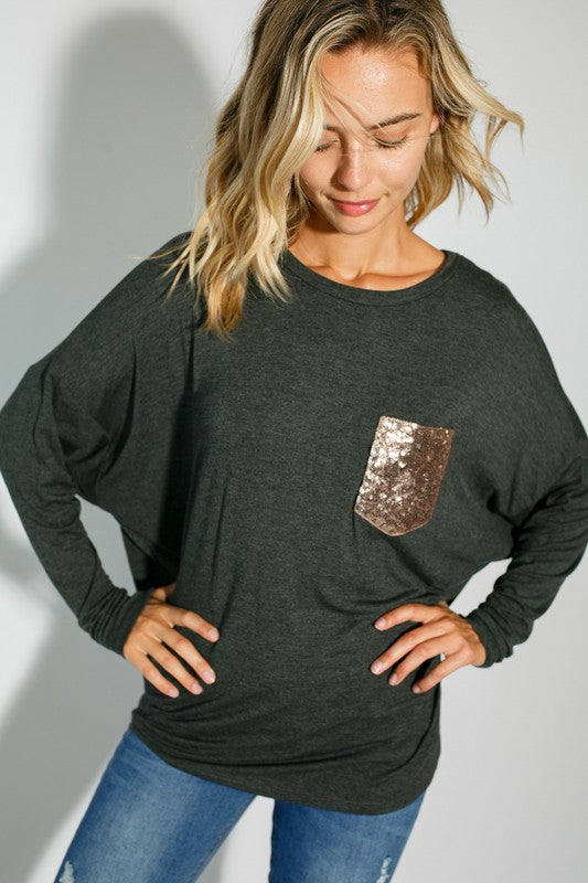 E LUNA Dolman Long Sleeves Top with Sequined Pocket