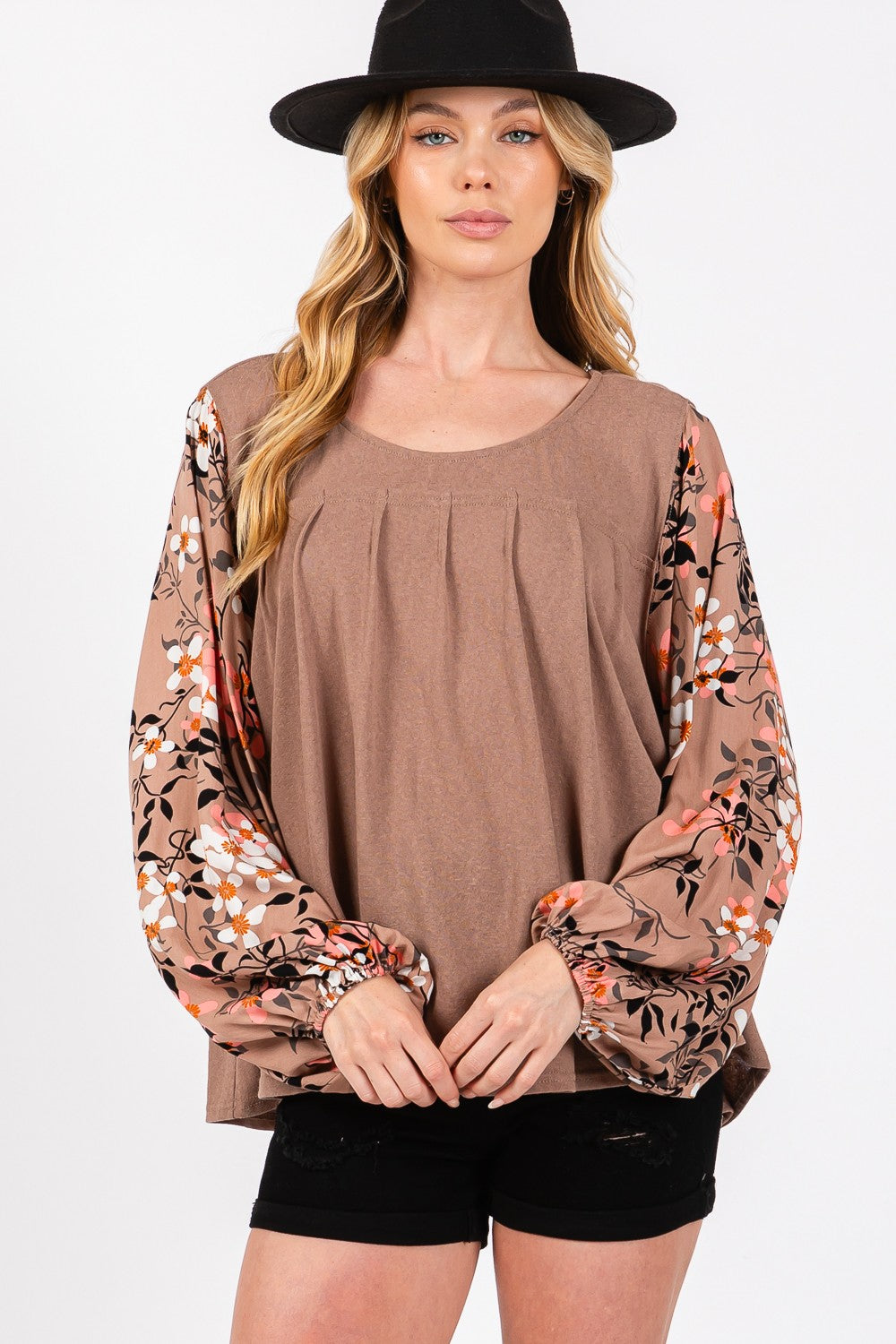 SAGE + FIG Brown Floral Long Sleeve Front Pleated Detail Blouse