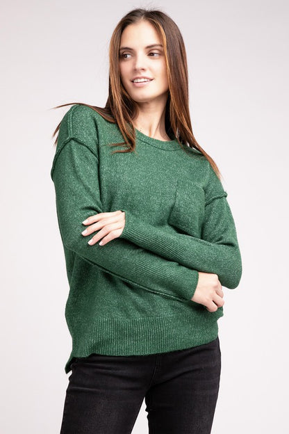 ZENANA Melange Hi-Low hem Round Neck Sweater