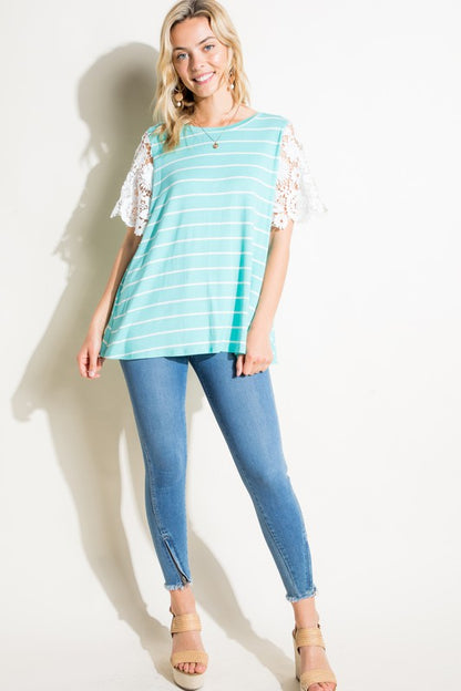 E LUNA Striped Jersey with White Laced Sleeve Top