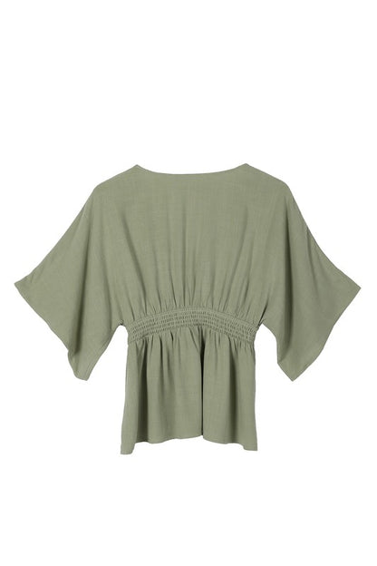 LILOU Deep V neck Sage Buttoned Top with Draped Sleeves