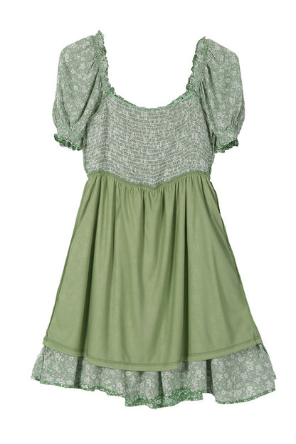 LILOU Green Floral Smocked Summer Dress