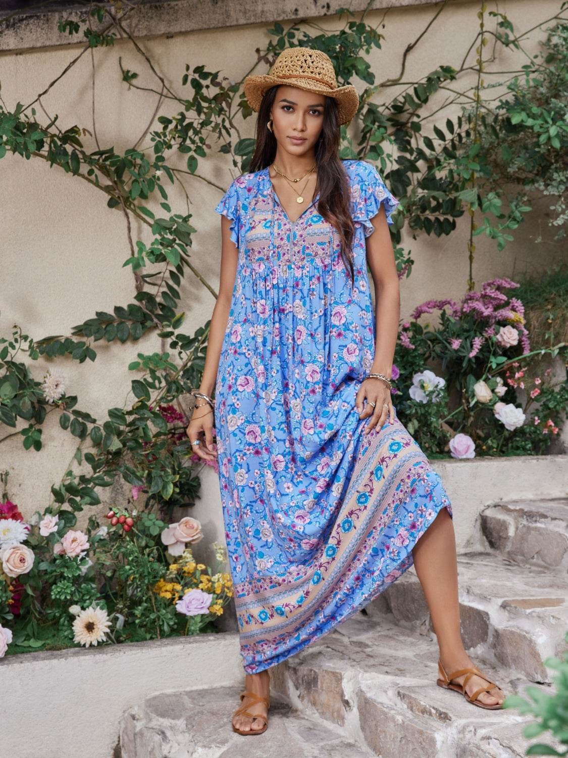 H.R.Z. Casual Ruffled Printed Boho Tie Neck Cap Sleeve Dress