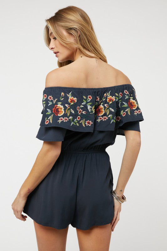 DAVI & DANI Floral Embroidered Off Shoulder Romper