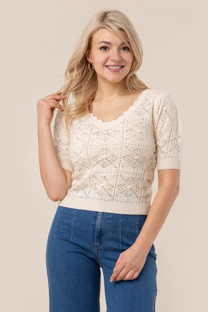 LILOU Ivory Crochet Knit Top