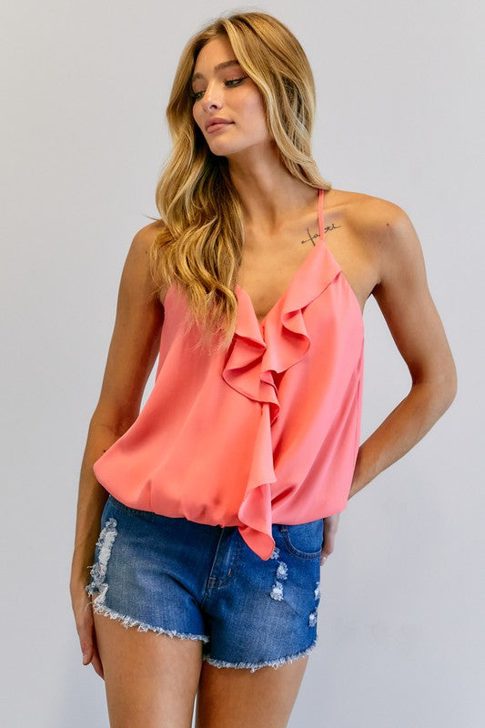 DAVI & DANI Solid V-Neck Sleeveless Ruffle Tank Top