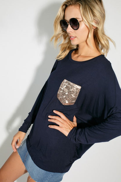 E LUNA Dolman Long Sleeves Top with Sequined Pocket