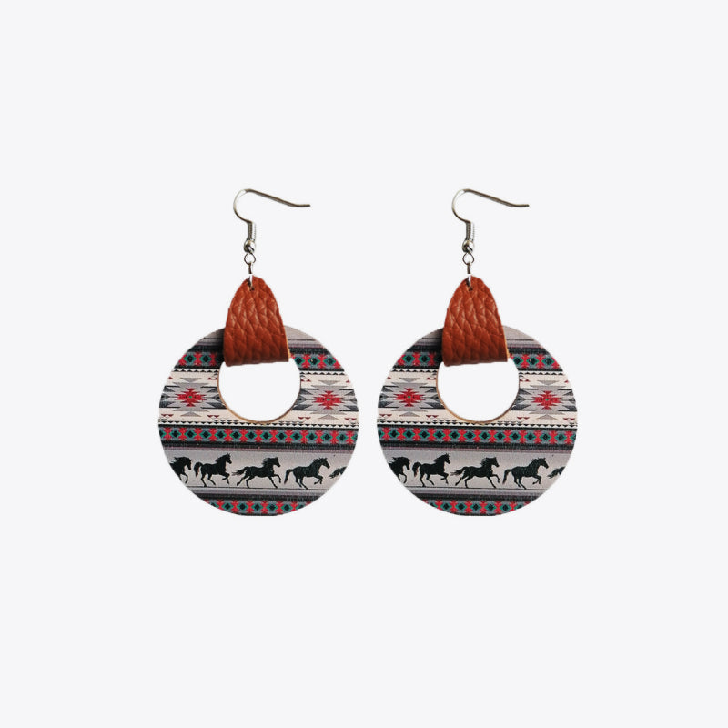 Round Wooden Western Dangle Earrings