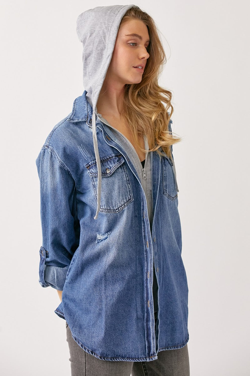 RISEN Zip Up Hooded Denim Shacket