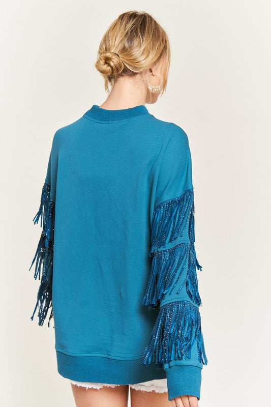 JADE by JANE Silver Studded Fringe Sleeve Sweater Top - JJT5009