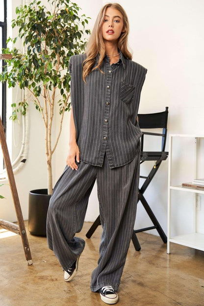 DAVI & DANI Stripe Button Down Shirt and Long Pants Set