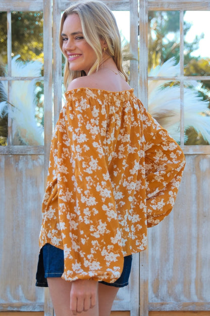 HAILEY & Co. Floral Off-Shoulder Fall transitional Balloon Sleeve Blouse in Color Mustard