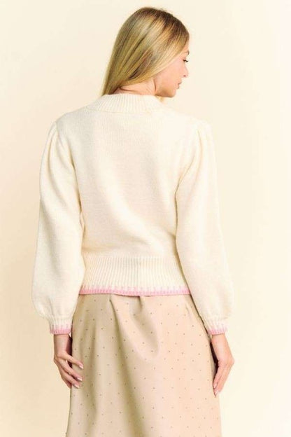 Davi & Dani Women's Ivory Fuzzy Mock Neck Sweater with Pink Flower Patch