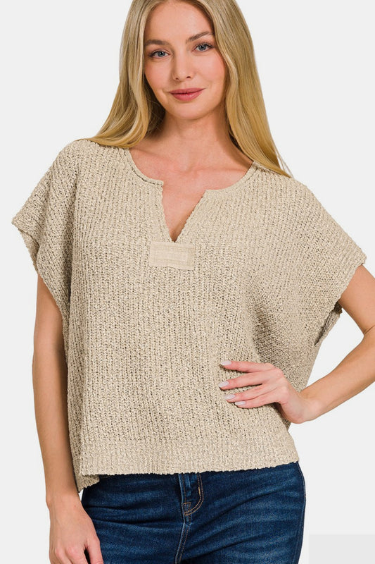 ZENANA Short Sleeve Side Slit Knit Sweater