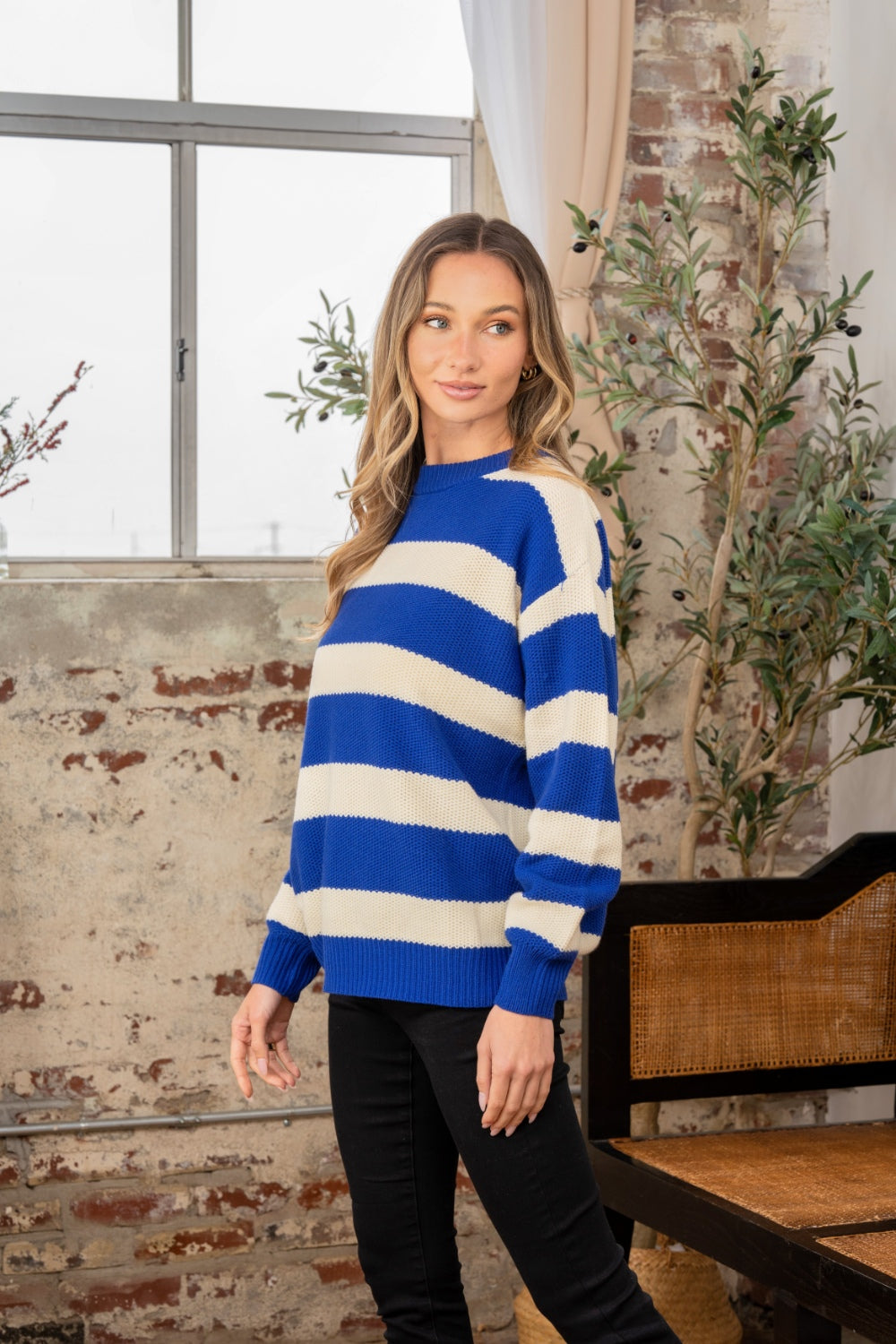 SEW IN LOVE Full Size Contrast Striped Round Neck Sweater