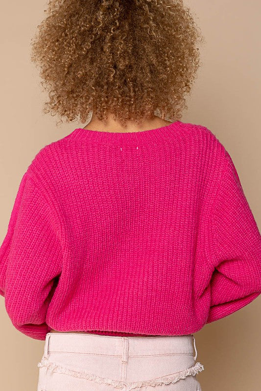 POL Hot Pink Oversized Round-Neck Sweater with Balloon Sleeves