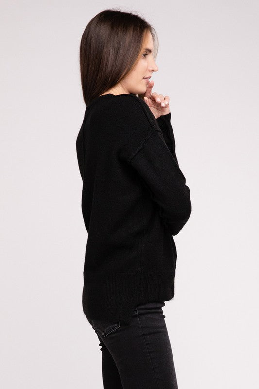 ZENANA Melange Hi-Low hem Round Neck Sweater