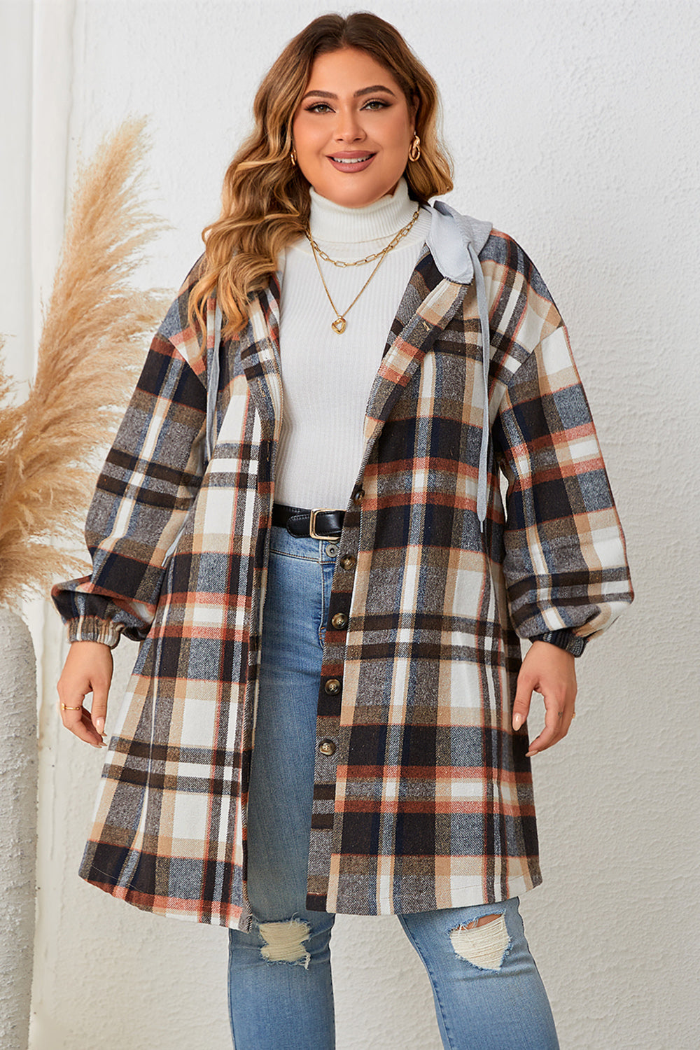 H.S. Plus Size Plaid Drop Shoulder Hooded Coat