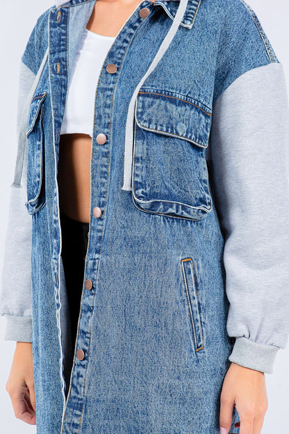 AMERICAN BAZI Contrast Longline Hooded Denim Jacket