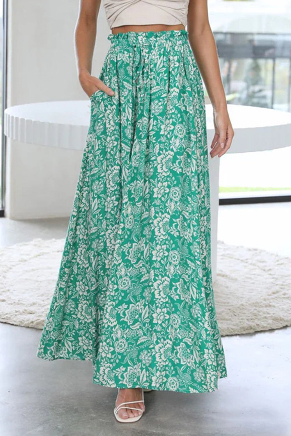 Pocketed Casual Printed Tied Wide Leg Pants