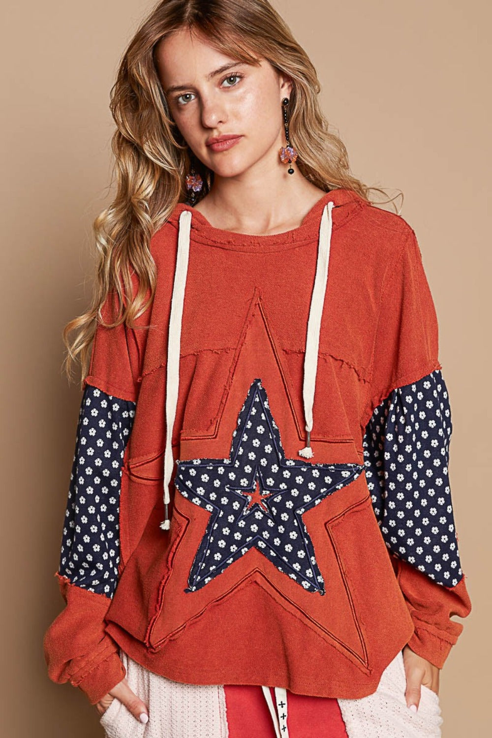 POL Star Patchwork Raw Edge French Terry Hoodie in Orange Brick