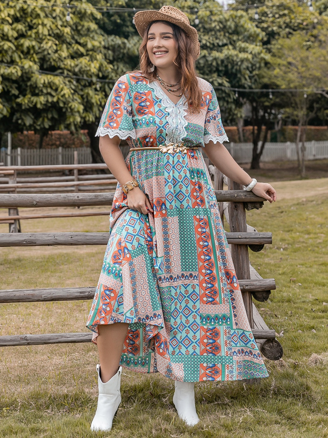 H.R.Z. Plus-size Printed Half Sleeves Western-style Maxi Dress with Laced Details